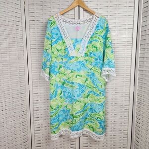 Lilly Pulitzer Sherman Linen Tunic‎ Dress In Gator Alley Size L Blue Green Leaf